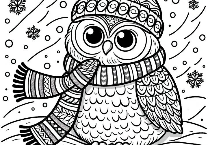 Sova v snežení s šálom a čiapkou – Zdarma omaľovánka Sova v snežení s šálom a čiapkou – Zdarma omaľovánka