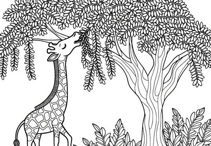 Giraffe eats leaves from tree - Free coloring page Giraffe eats leaves from tree - Free coloring page