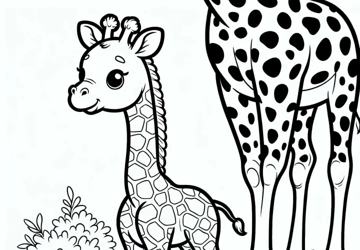 Baby giraffe stands wobbly next to mother - free coloring page Baby giraffe stands wobbly next to mother - free coloring page