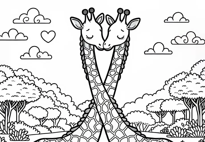 Giraffes lovingly intertwine their necks – Free coloring page Giraffes lovingly intertwine their necks – Free coloring page