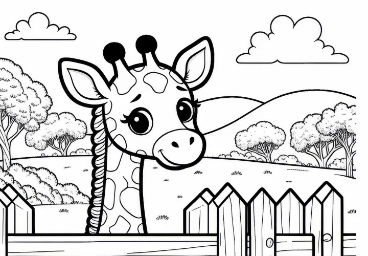 Giraffe looks over the fence in the zoo - free coloring page Giraffe looks over the fence in the zoo - free coloring page