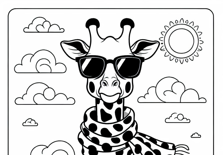 Giraffe with sunglasses and a scarf as a free coloring page Giraffe with sunglasses and scarf as a free coloring page