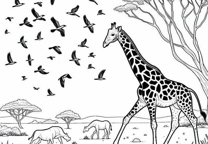 Giraffe walks through the steppe - Coloring page for free Giraffe walks through the steppe - Coloring page for free