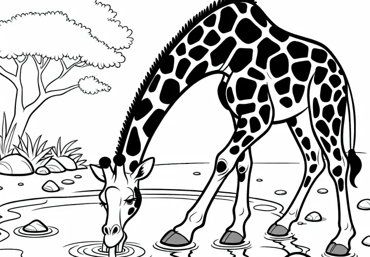 Giraffe drinks from waterhole - Free coloring page Giraffe drinks from waterhole - Free coloring page