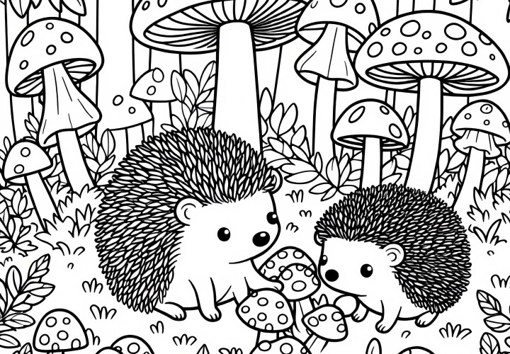 Two hedgehogs are playing among mushrooms in the forest – Free coloring page Two hedgehogs are playing among mushrooms in the forest - free coloring page