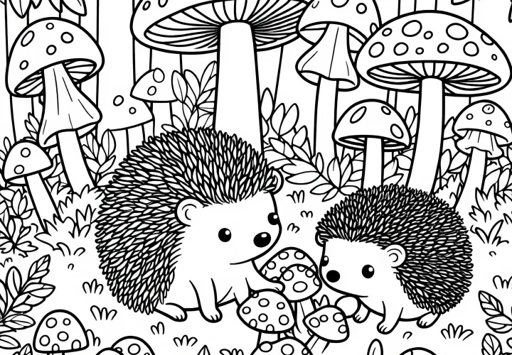 Two hedgehogs are playing among mushrooms in the forest - free coloring page Two hedgehogs are playing among mushrooms in the forest - free coloring page