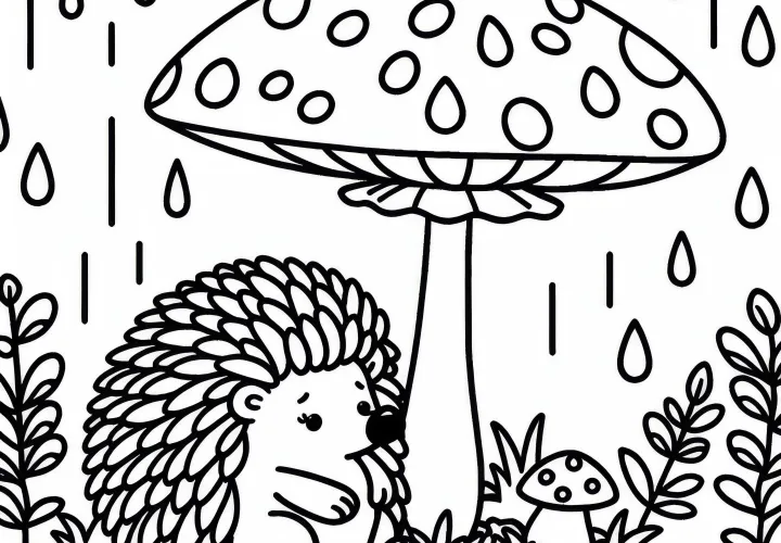Hedgehog sits under mushroom in the rain - free coloring page Hedgehog sits under mushroom in the rain - free coloring page