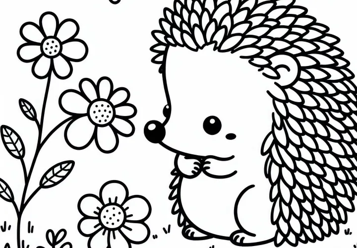 Hedgehog curiously sniffs a flower - Free coloring page Hedgehog curiously sniffs a flower - Free coloring page