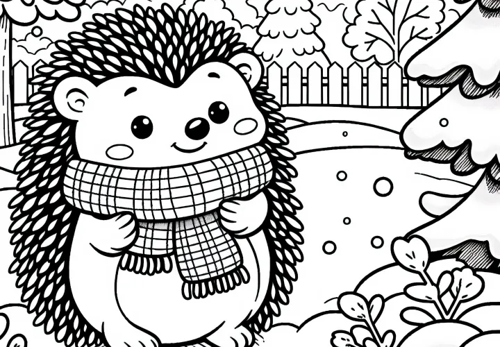 Ježko s šálom v zasnežené záhrade – Zábavná omalovánka zdarma Ježko s šálom v zasnežené záhrade – Zábavná omalovánka zdarma