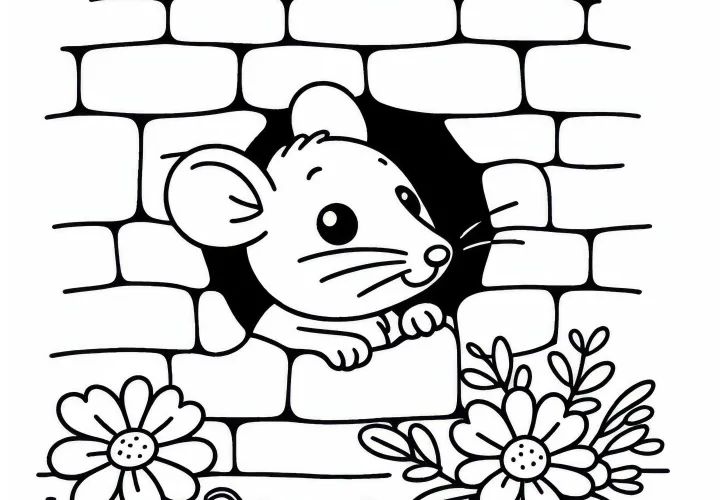 Mouse looks out of mouse hole in the wall – Free coloring page Mouse looks out of mouse hole in the wall – Free coloring page