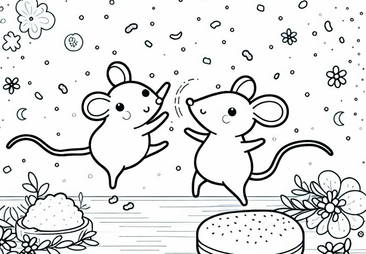 Two Mice Dancing On Table With Crumbs – Free Coloring Page Two Mice Dancing On Table With Crumbs – Free Coloring Page