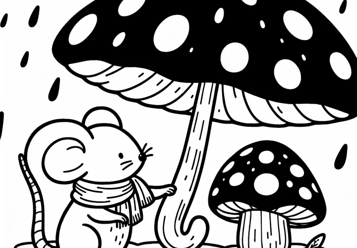 Mouse with mushroom umbrella as a free coloring template Mouse with mushroom umbrella as a free coloring template