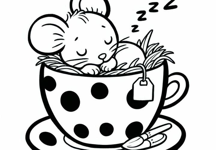 Mouse sleeping in tea cup - Download coloring page for free Mouse sleeping in teacup – Download free coloring page