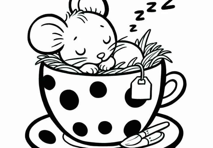 Mouse sleeping in teacup – Download free coloring page Mouse sleeping in teacup – Download free coloring page