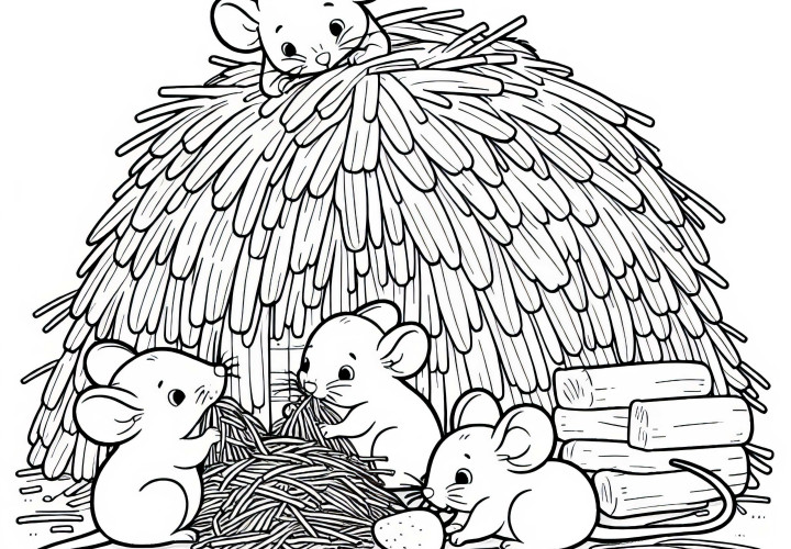 Mouse children playing in a pile of straw - Free coloring page Mouse children playing in a pile of straw - Free coloring page