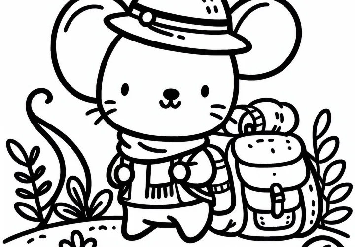 Mouse with a hat and bag on an adventure trip – Free coloring page download Mouse with a hat and bag on an adventure trip – Free coloring page download