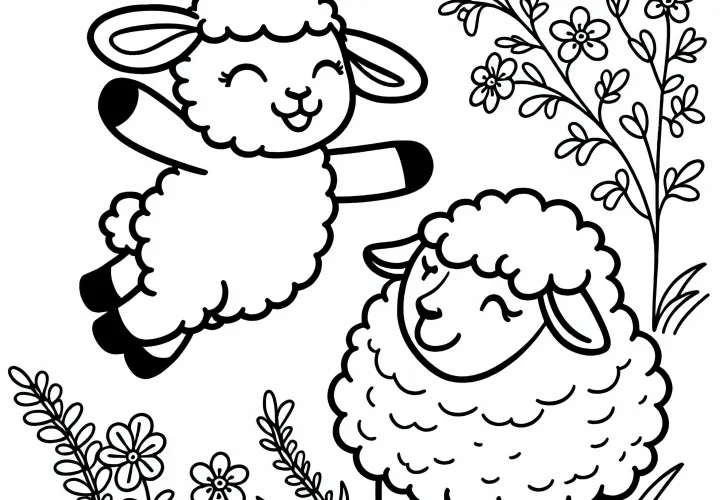 Lämmchen happily jumps around its mother - free coloring page Lämmchen happily jumps around its mother - free coloring page