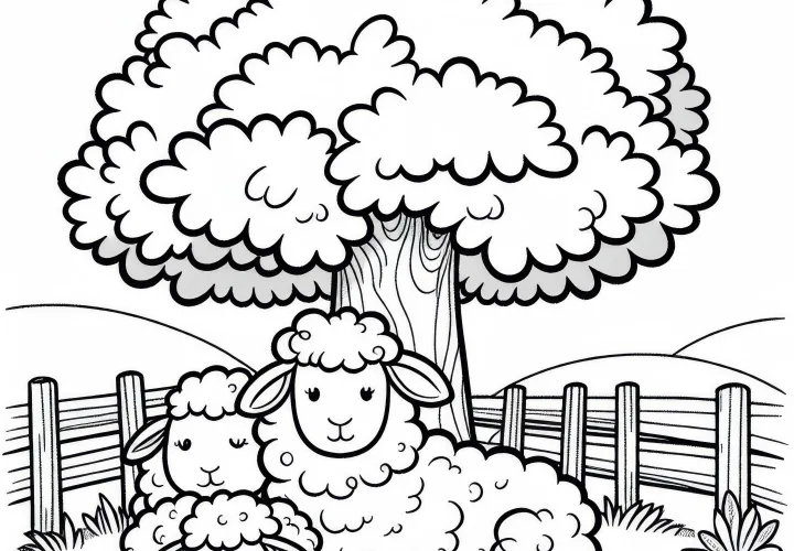 Sheep resting under a tree - Free coloring page Sheep resting under a tree - Free coloring page