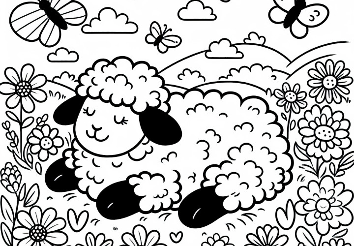 Sheep lying on a meadow with flowers and butterflies - free coloring template Sheep lying on a meadow with flowers and butterflies - Free coloring page