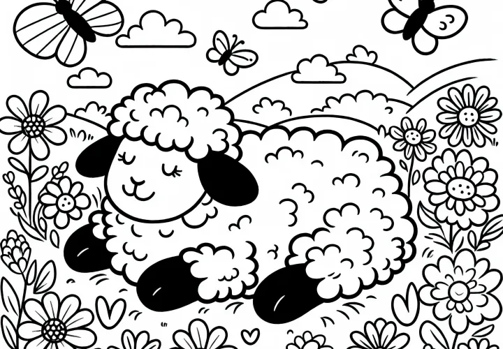 Sheep lying on a meadow with flowers and butterflies - Free coloring page Sheep lying on a meadow with flowers and butterflies - Free coloring page