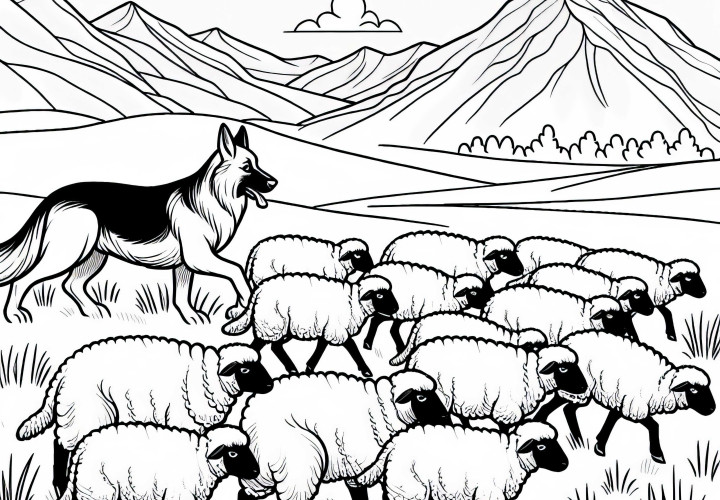 Shepherd dog herds sheep over pasture - Free coloring page Shepherd dog drives herd of sheep across pasture - Free coloring page