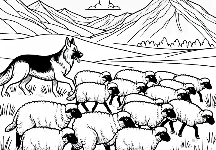 Shepherd dog drives herd of sheep across pasture - Free coloring page Shepherd dog drives herd of sheep across pasture - Free coloring page