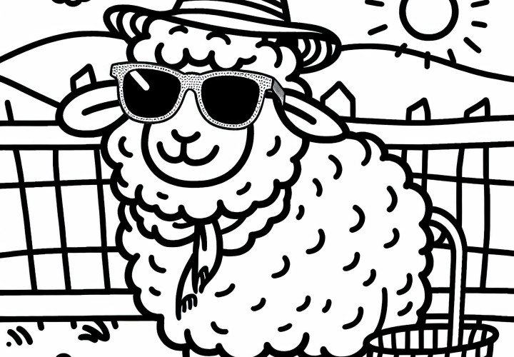 Sheep with sunglasses and straw hat coloring page free Free coloring page of a sheep with sunglasses and a straw hat