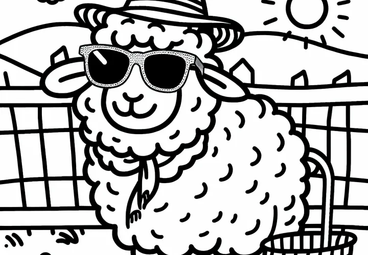 Free coloring page of a sheep with sunglasses and a straw hat Free coloring page of a sheep with sunglasses and a straw hat