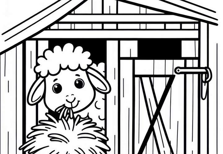 A sheep looks out of the barn with hay in its mouth - free coloring page A sheep looks out of the barn with hay in its mouth - coloring page free