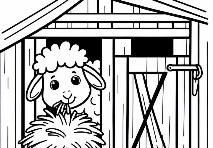 A sheep looks out of the barn with hay in its mouth - coloring page free A sheep looks out of the barn with hay in its mouth - coloring page free