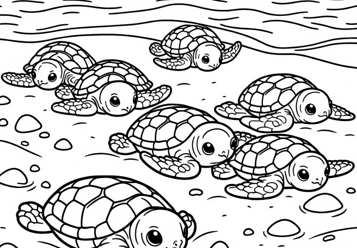 Baby turtles crawl across the sand - free coloring page Baby turtles crawl over sand - free coloring page