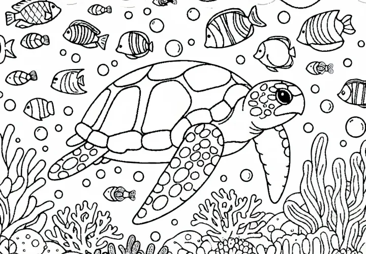 Sea turtle swims among fish and corals – Free coloring template Sea turtle swims among fish and corals – Free coloring template