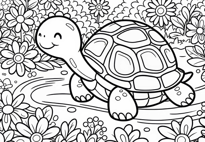 Turtle walking through the garden with flowers – Free coloring page Turtle walking through the garden with flowers – Free coloring page