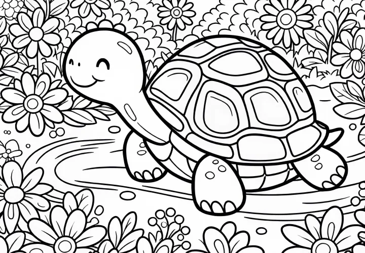 Turtle walking through the garden with flowers – Free coloring page Turtle walking through the garden with flowers – Free coloring page