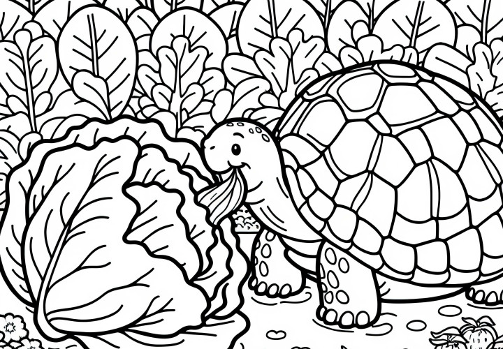 A turtle is eating a large lettuce leaf in the vegetable garden - Coloring page free A turtle is eating a large lettuce leaf in the vegetable garden - Free coloring page