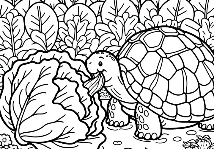 A turtle is eating a large lettuce leaf in the vegetable garden - Free coloring page A turtle is eating a large lettuce leaf in the vegetable garden - Free coloring page