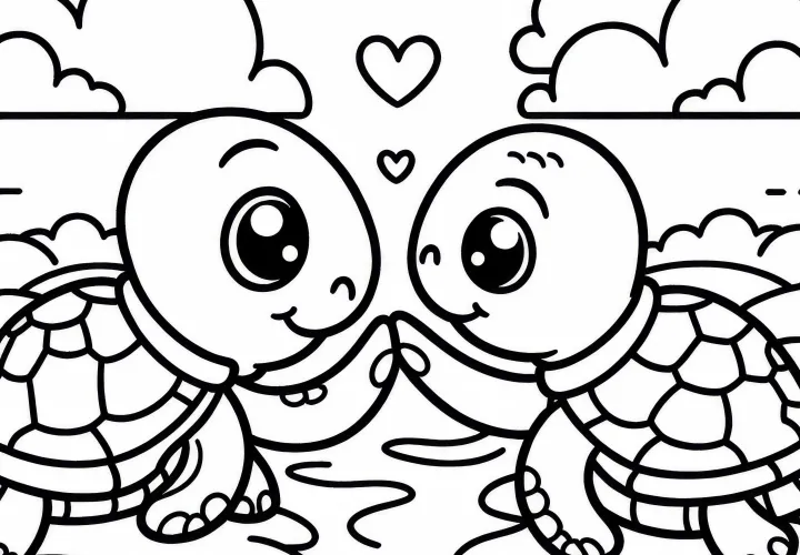 Two Turtles Touching - Free Coloring Page Two Turtles Touching - Free Coloring Page