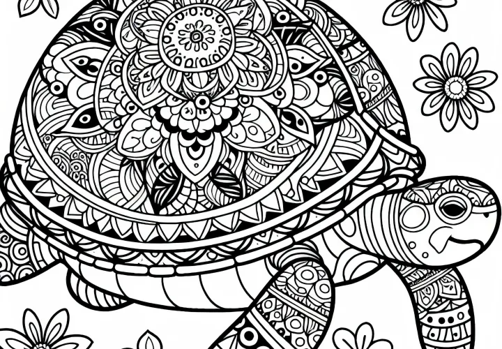 Fantasy turtle with patterns on the shell – Free coloring page to download Fantasy turtle with patterns on the shell – Free coloring page to download