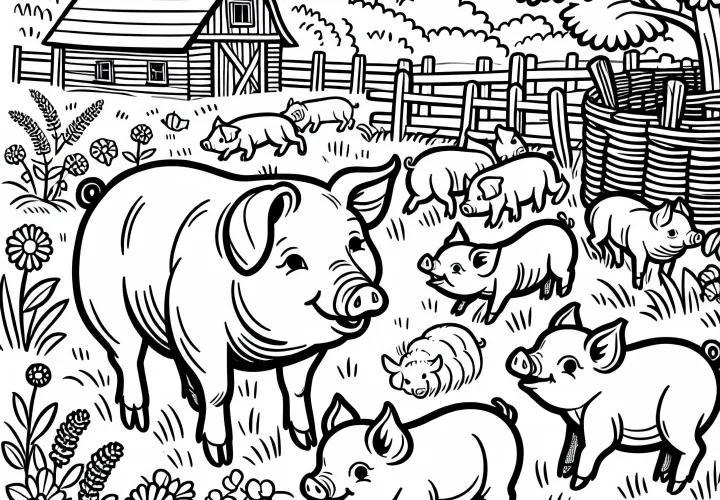 Piglets romp around their mother in the meadow - free coloring template Piglets romp around their mother in the meadow - free coloring template