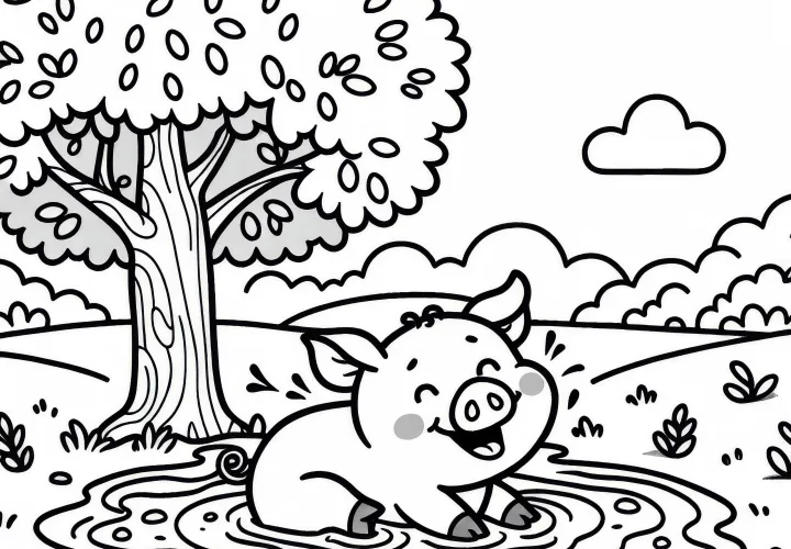 Pig wallows happily in the mud under a tree - Free coloring page Pig wallows happily in the mud under a tree - Free coloring page