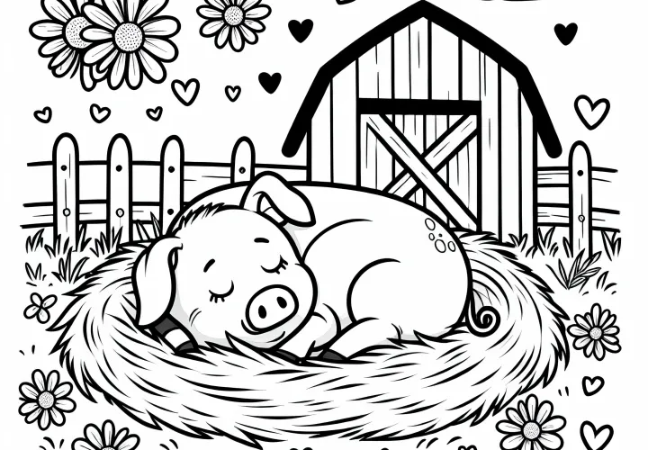 Pig sleeps curled up in the straw - Free coloring page Pig sleeps curled up in the straw - Free coloring page