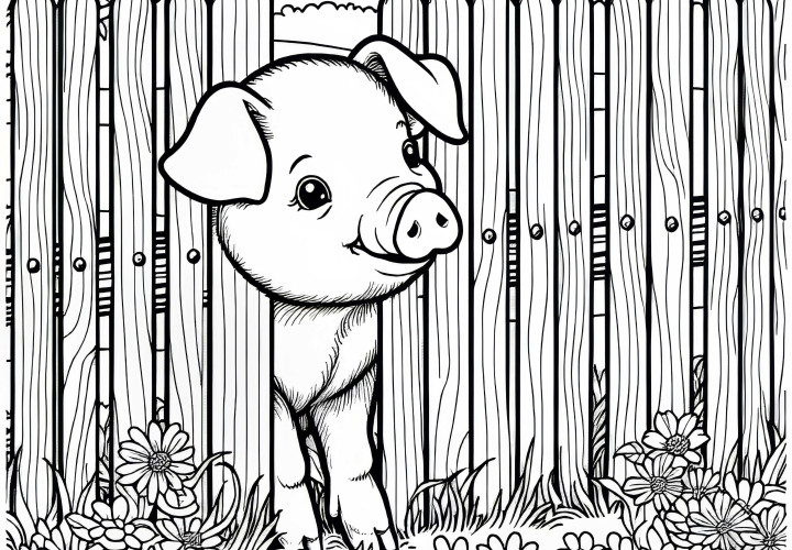 A curious pig sticks its snout through the fence - free coloring page A curious pig sticks its nose through the fence – Free coloring page