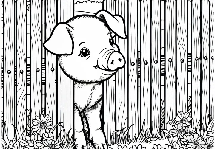 A curious pig sticks its nose through the fence – Free coloring page A curious pig sticks its nose through the fence – Free coloring page