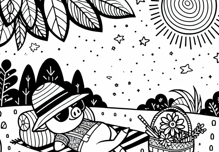 Cartoon pig with straw hat and sunglasses on picnic blanket – Free coloring page Comic pig with straw hat and sunglasses on picnic blanket – Free coloring page