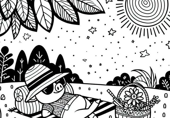 Comic pig with straw hat and sunglasses on picnic blanket – Free coloring page Comic pig with straw hat and sunglasses on picnic blanket – Free coloring page