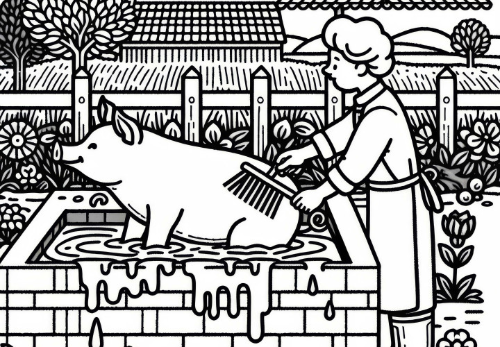 A pig on wash day at the farm - free coloring page A pig on laundry day at the farm – free coloring page