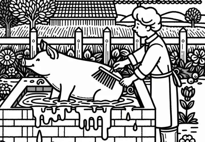 A pig on laundry day at the farm – free coloring page A pig on laundry day at the farm – free coloring page
