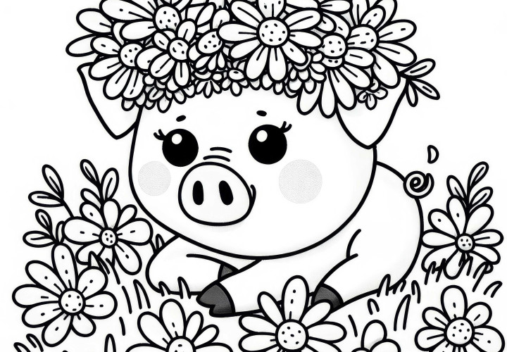 Pig wears a flower crown – Free coloring page Pig wears flower crown – Free coloring page