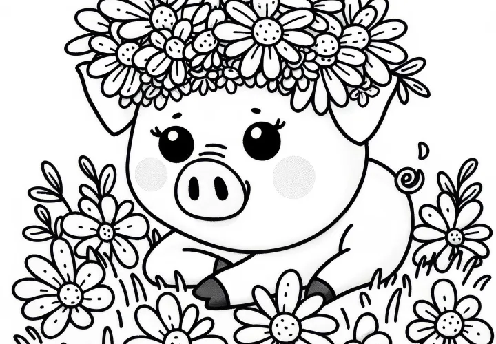Pig wears flower crown – Free coloring page Pig wears flower crown – Free coloring page