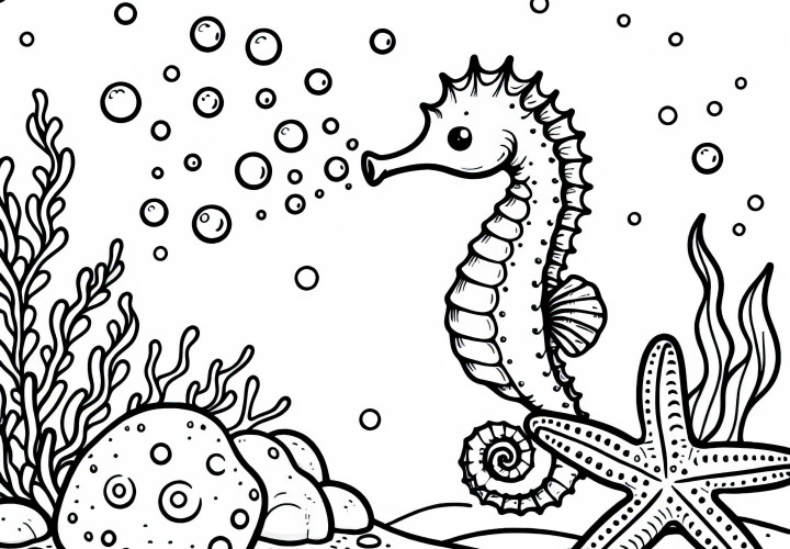 Морской конек выдувает маленькие пузырьки воздуха рядом с морской звездой – бесплатная раскраска